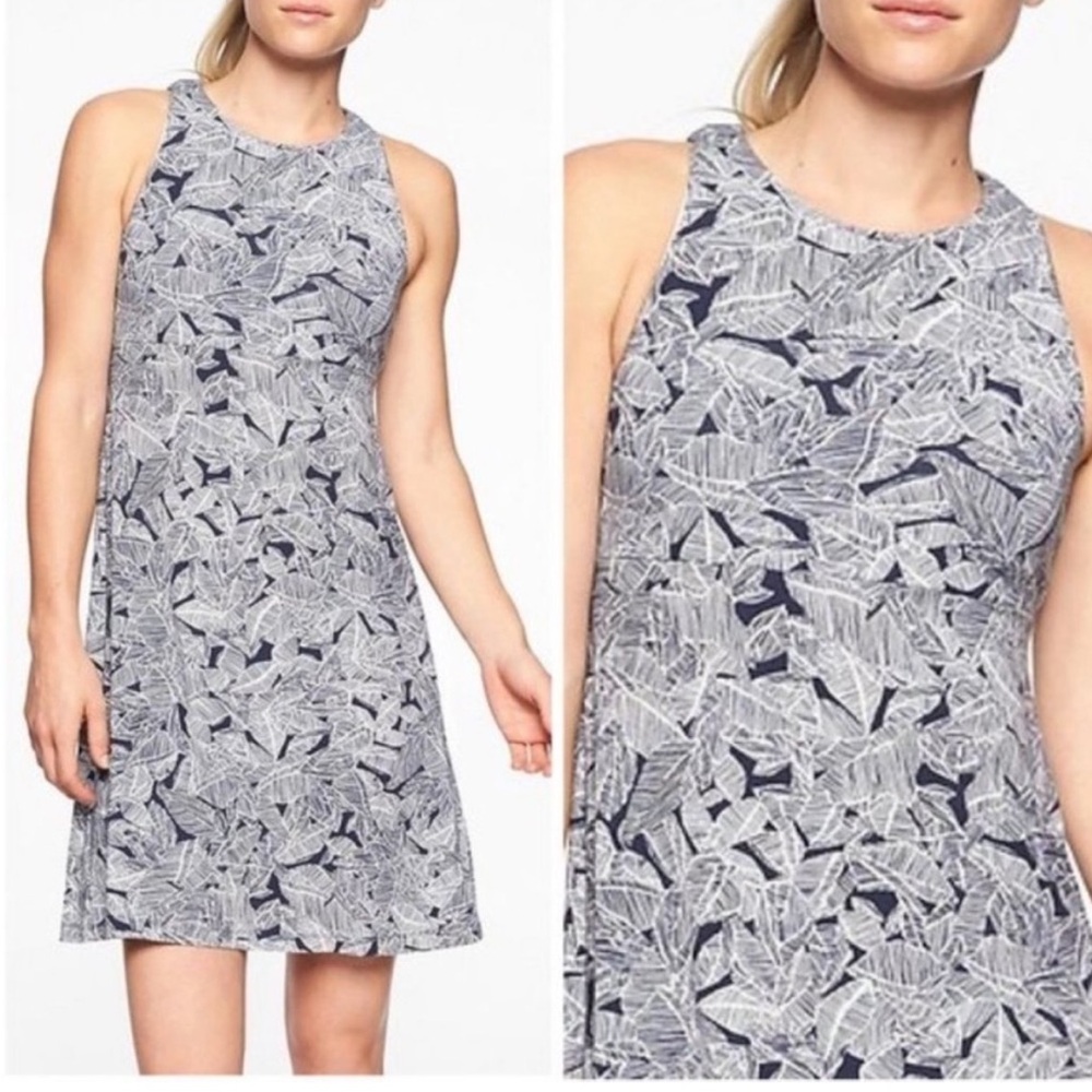 Athleta Navy and White Leaf Print Dress